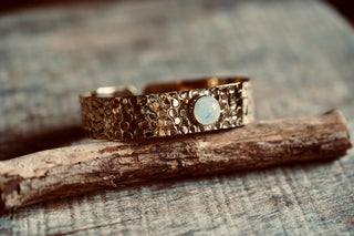 Hammered Brass Bracelet with Moonstone, Adjustable Women's Bangle from Kaali Boutique