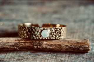 Hammered Brass Bracelet with Moonstone, Adjustable Women's Bangle from Kaali Boutique