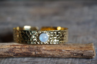 Hammered Brass Bracelet with Moonstone, Adjustable Women's Bangle from Kaali Boutique