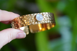 Hammered Brass Bracelet with Moonstone, Adjustable Women's Bangle from Kaali Boutique