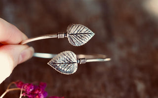 Silver Leaf Bangle Bracelet | Silver Plated Cuff | Botanical Jewellery | Nature Inspired Bracelet | Boho Statement Jewellery