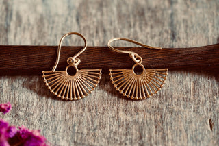 Small Golden Fan Earrings | Brass Sunburst Earrings | Tiny Geometric Earrings | Minimalist Boho Jewellery | Everyday Earrings