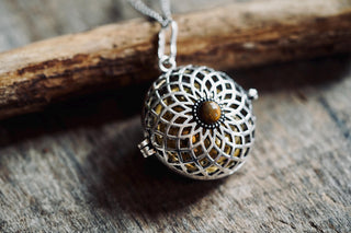 Silver Bola Necklace Tigers Eye, Gift for Pregnant Woman, Pregnancy Present, Stainless Steel Chain