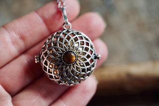 Silver Bola Necklace Tigers Eye, Gift for Pregnant Woman, Pregnancy Present, Stainless Steel Chain
