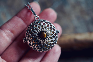 Silver Bola Necklace Tigers Eye, Gift for Pregnant Woman, Pregnancy Present, Stainless Steel Chain