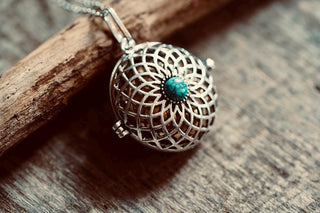 Silver Bola Necklace Turquoise, Gift for Pregnant Woman, Pregnancy Present, Stainless Steel Chain
