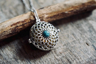 Silver Bola Necklace Turquoise, Gift for Pregnant Woman, Pregnancy Present, Stainless Steel Chain