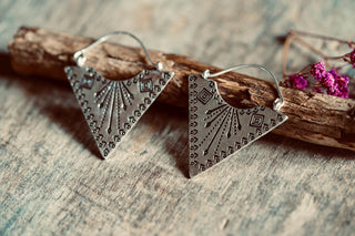 Double Sided Silver Triangle Earrings, Boho Statement Earrings, Tribal Inspired Geometric Earrings, Alternative Jewellery