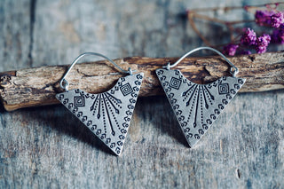 Double Sided Silver Triangle Earrings, Boho Statement Earrings, Tribal Inspired Geometric Earrings, Alternative Jewellery
