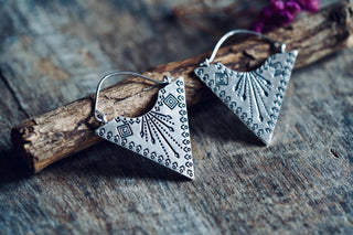 Double Sided Silver Triangle Earrings, Boho Statement Earrings, Tribal Inspired Geometric Earrings, Alternative Jewellery