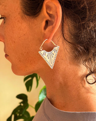 Double Sided Silver Triangle Earrings, Boho Statement Earrings, Tribal Inspired Geometric Earrings, Alternative Jewellery