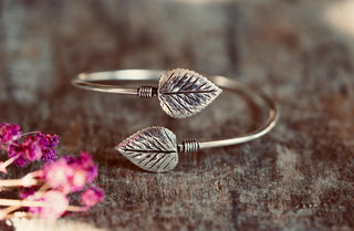 Silver Leaf Bangle Bracelet | Silver Plated Cuff | Botanical Jewellery | Nature Inspired Bracelet | Boho Statement Jewellery
