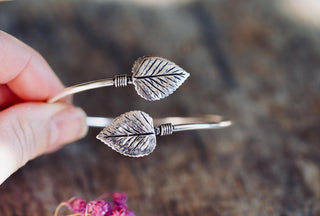 Silver Leaf Bangle Bracelet | Silver Plated Cuff | Botanical Jewellery | Nature Inspired Bracelet | Boho Statement Jewellery