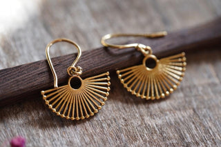 Small Golden Fan Earrings | Brass Sunburst Earrings | Tiny Geometric Earrings | Minimalist Boho Jewellery | Everyday Earrings