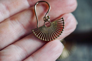 Small Golden Fan Earrings | Brass Sunburst Earrings | Tiny Geometric Earrings | Minimalist Boho Jewellery | Everyday Earrings