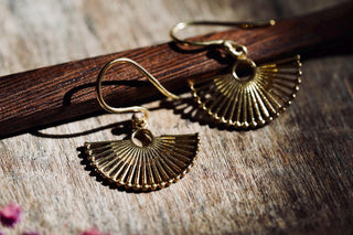 Small Golden Fan Earrings | Brass Sunburst Earrings | Tiny Geometric Earrings | Minimalist Boho Jewellery | Everyday Earrings