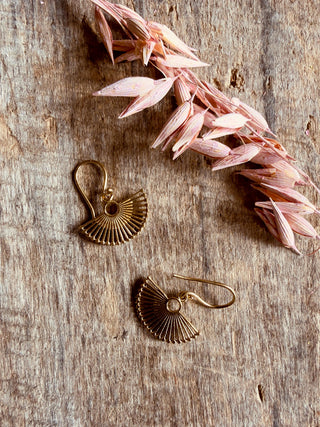 Small Golden Fan Earrings | Brass Sunburst Earrings | Tiny Geometric Earrings | Minimalist Boho Jewellery | Everyday Earrings