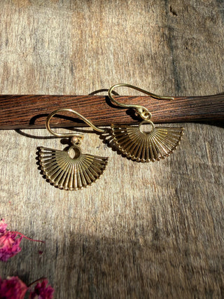 Small Golden Fan Earrings | Brass Sunburst Earrings | Tiny Geometric Earrings | Minimalist Boho Jewellery | Everyday Earrings