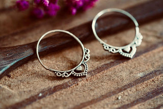 Boho Infinity Silver Hoops, Intricate Details Ethnic Silver Earrings, Pair of Bohemian Hoop Earrings