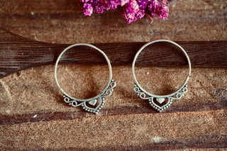 Boho Infinity Silver Hoops, Intricate Details Ethnic Silver Earrings, Pair of Bohemian Hoop Earrings