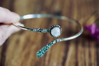 Moonstone Silver Bangle Bracelet – Boho Cuff with White Gemstone – Adjustable Statement Jewellery Gift for Her
