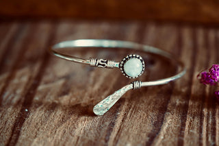 Moonstone Silver Bangle Bracelet – Boho Cuff with White Gemstone – Adjustable Statement Jewellery Gift for Her