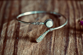 Moonstone Silver Bangle Bracelet – Boho Cuff with White Gemstone – Adjustable Statement Jewellery Gift for Her