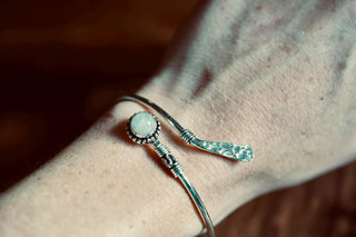 Moonstone Silver Bangle Bracelet – Boho Cuff with White Gemstone – Adjustable Statement Jewellery Gift for Her