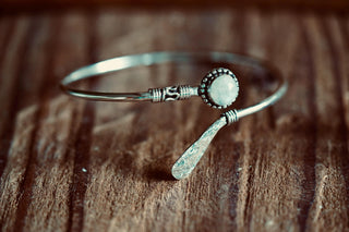 Moonstone Silver Bangle Bracelet – Boho Cuff with White Gemstone – Adjustable Statement Jewellery Gift for Her