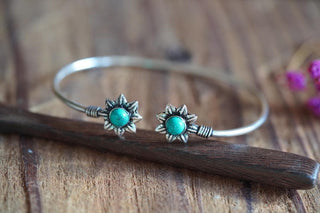 Turquoise Silver Bangle Bracelet – Boho Bracelet with Blue Gemstone – Adjustable Statement Jewellery Gift for Her