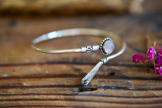 Rose Quartz Silver Bangle Bracelet – Boho Cuff with White Gemstone – Adjustable Statement Jewellery Gift for Her