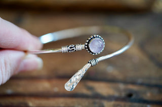 Rose Quartz Silver Bangle Bracelet – Boho Cuff with White Gemstone – Adjustable Statement Jewellery Gift for Her