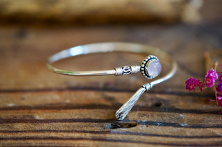 Rose Quartz Silver Bangle Bracelet – Boho Cuff with White Gemstone – Adjustable Statement Jewellery Gift for Her