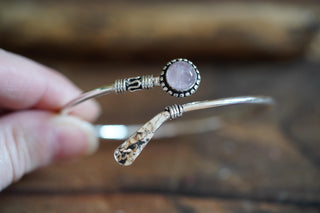 Rose Quartz Silver Bangle Bracelet – Boho Cuff with White Gemstone – Adjustable Statement Jewellery Gift for Her