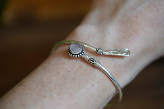 Rose Quartz Silver Bangle Bracelet – Boho Cuff with White Gemstone – Adjustable Statement Jewellery Gift for Her