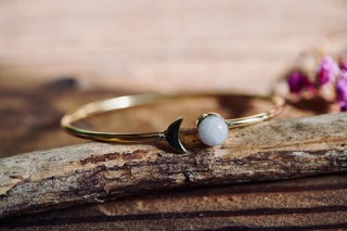 Moonstone Gold Moon Bangle, Brass and Moonstone Moon Bracelet, Moon Lover Gift, Witchy Moon Bracelet