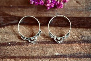 Boho Infinity Silver Hoops, Intricate Details Ethnic Silver Earrings, Pair of Bohemian Hoop Earrings