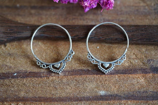 Boho Infinity Silver Hoops, Intricate Details Ethnic Silver Earrings, Pair of Bohemian Hoop Earrings
