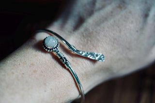 Moonstone Silver Bangle Bracelet – Boho Cuff with White Gemstone – Adjustable Statement Jewellery Gift for Her