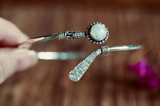 Moonstone Silver Bangle Bracelet – Boho Cuff with White Gemstone – Adjustable Statement Jewellery Gift for Her