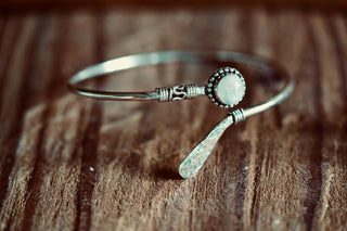 Moonstone Silver Bangle Bracelet – Boho Cuff with White Gemstone – Adjustable Statement Jewellery Gift for Her