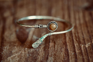 Tiger's Eye Silver Boho Bangle Bracelet – Boho Cuff with Brown Gemstone – Adjustable Statement Jewellery Gift for Her