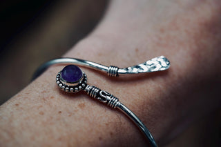 Amethyst Silver Bangle Bracelet – Boho Cuff with Purple Gemstone – Adjustable Statement Jewellery Gift for Her
