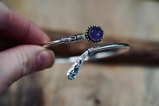 Amethyst Silver Bangle Bracelet – Boho Cuff with Purple Gemstone – Adjustable Statement Jewellery Gift for Her