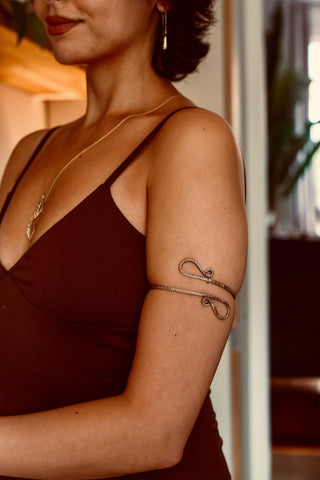 Boho Brass Spiral Cuff Bracelet Engraved Patterns– Adjustable Arm Cuff, Statement Arm Bracelet