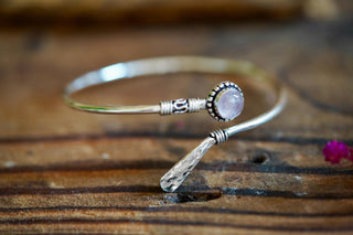 Rose Quartz Silver Bangle Bracelet – Boho Cuff with White Gemstone – Adjustable Statement Jewellery Gift for Her