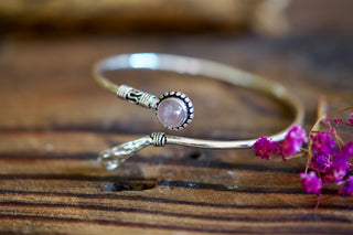 Rose Quartz Silver Bangle Bracelet – Boho Cuff with White Gemstone – Adjustable Statement Jewellery Gift for Her