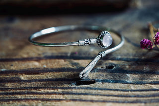 Rose Quartz Silver Bangle Bracelet – Boho Cuff with White Gemstone – Adjustable Statement Jewellery Gift for Her