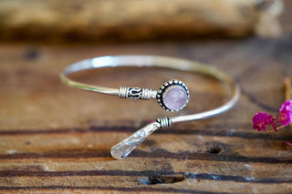 Rose Quartz Silver Bangle Bracelet – Boho Cuff with White Gemstone – Adjustable Statement Jewellery Gift for Her