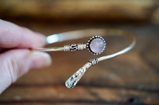 Rose Quartz Silver Bangle Bracelet – Boho Cuff with White Gemstone – Adjustable Statement Jewellery Gift for Her